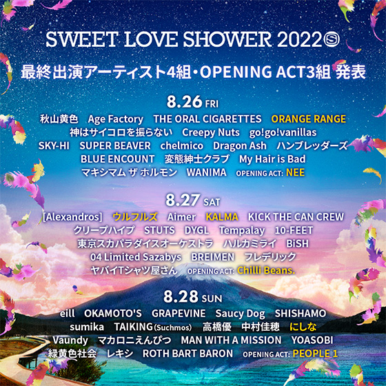SWEET LOVE SHOWER 2022 最終出演アーティスト